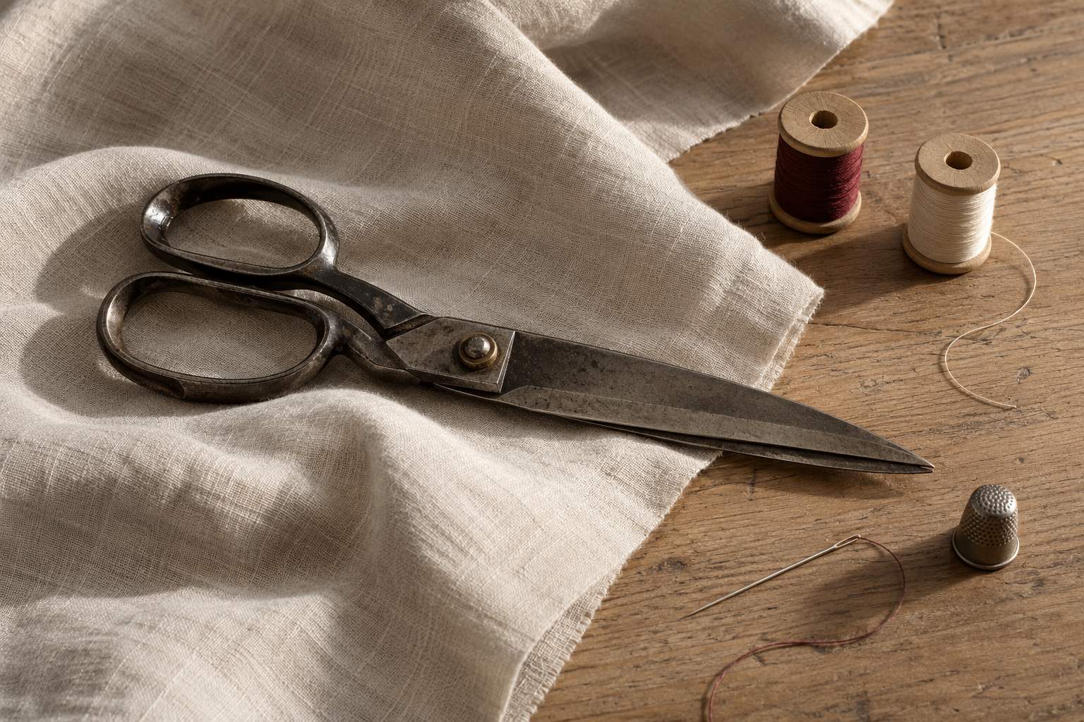 Ciseaux, fil et outils de couture Grands ciseaux de tailleur posés sur du lin, bobines de fil bordeaux et écru, aiguille et dé sur une table en bois.