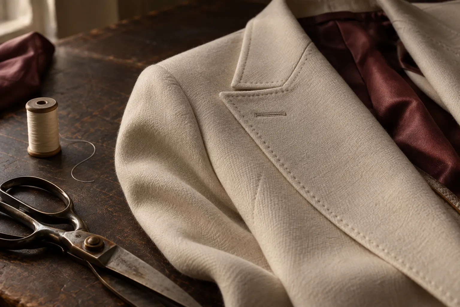 Illustration : revers et coutures d’une veste en laine ivoire sur une table de coupe.