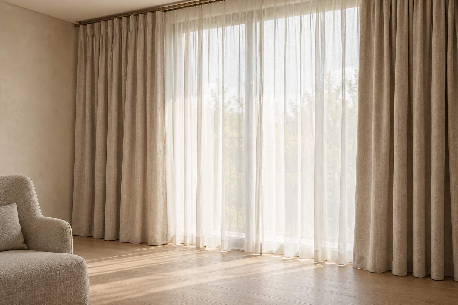 Rideaux de lin et voilage pour l’intérieur Rideaux de lin beige et voilage ivoire suspendus à une tringle, devant une grande fenêtre lumineuse.