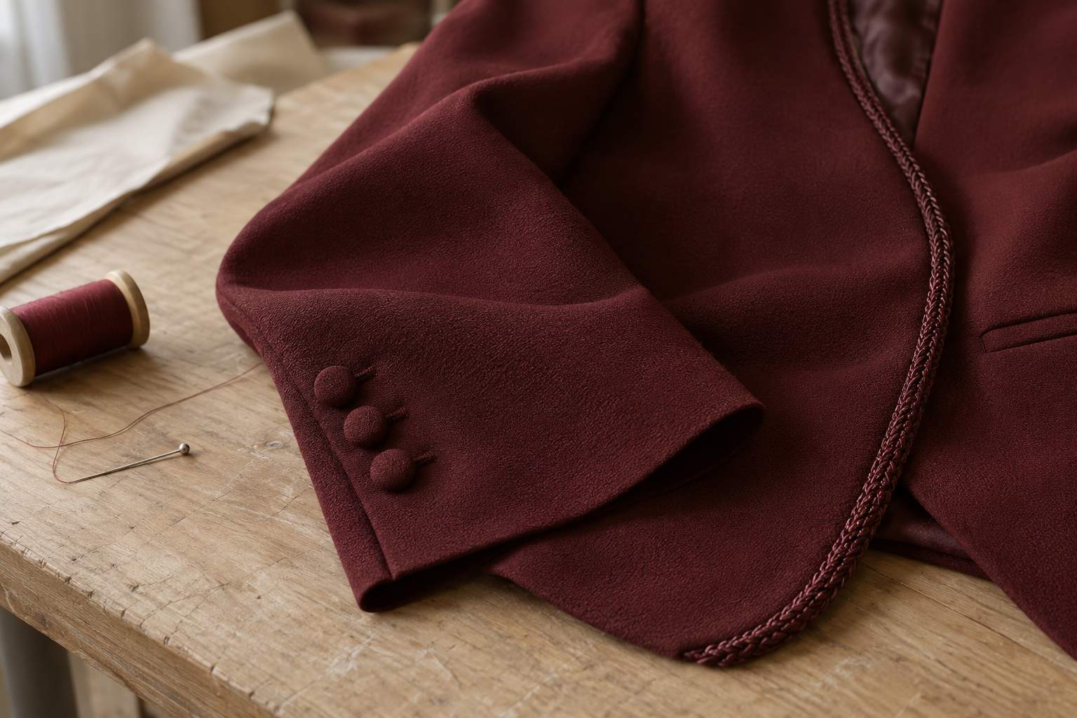 Transformation d’une veste par les détails Manche et devant d’une veste en crêpe bordeaux : trois boutons recouverts et un galon tressé le long du bord.